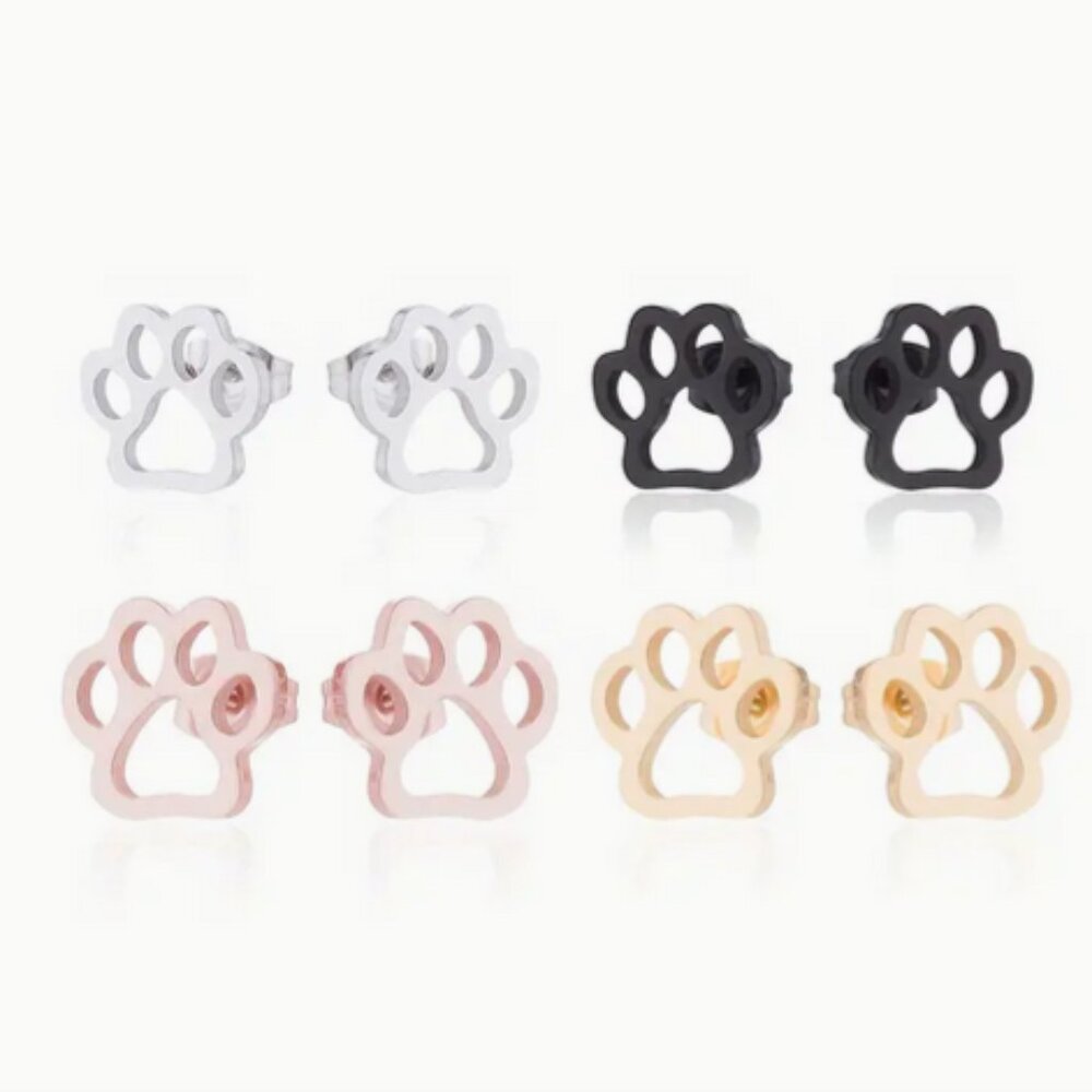 Stainless Steel Paw Prints Stud Earrings in Silver, Gold, Rose Gold or Black